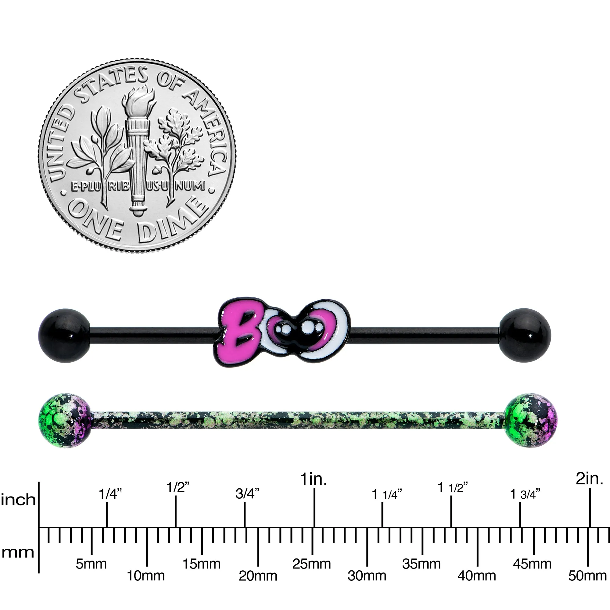 14 Gauge Black Halloween Pink Boo Green Industrial Barbell 38mm Set of 2
