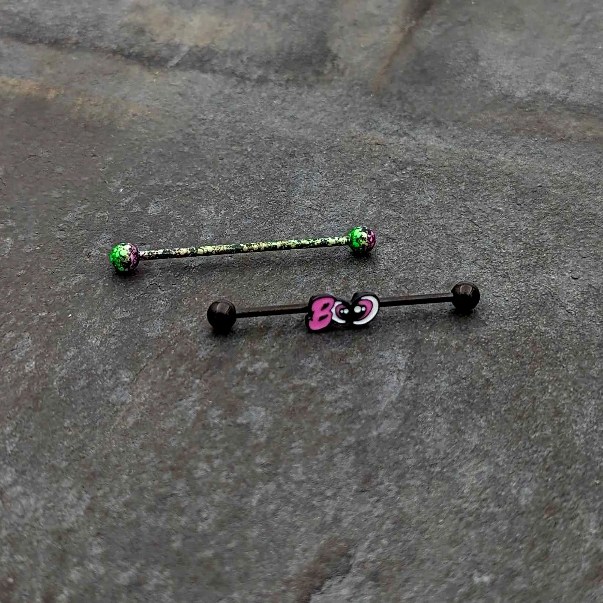 14 Gauge Black Halloween Pink Boo Green Industrial Barbell 38mm Set of 2