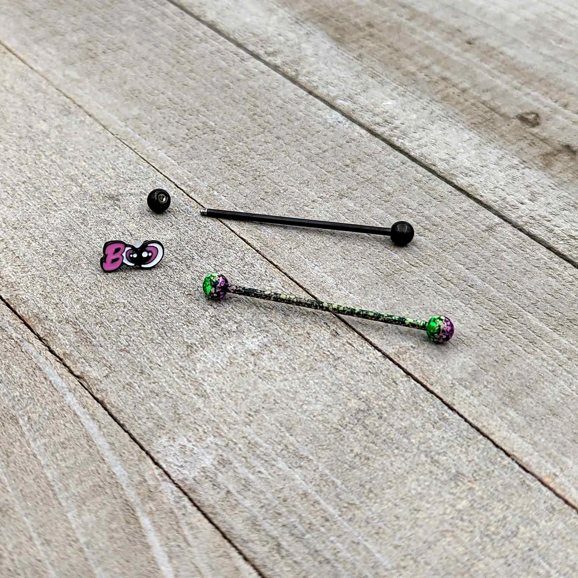 14 Gauge Black Halloween Pink Boo Green Industrial Barbell 38mm Set of 2