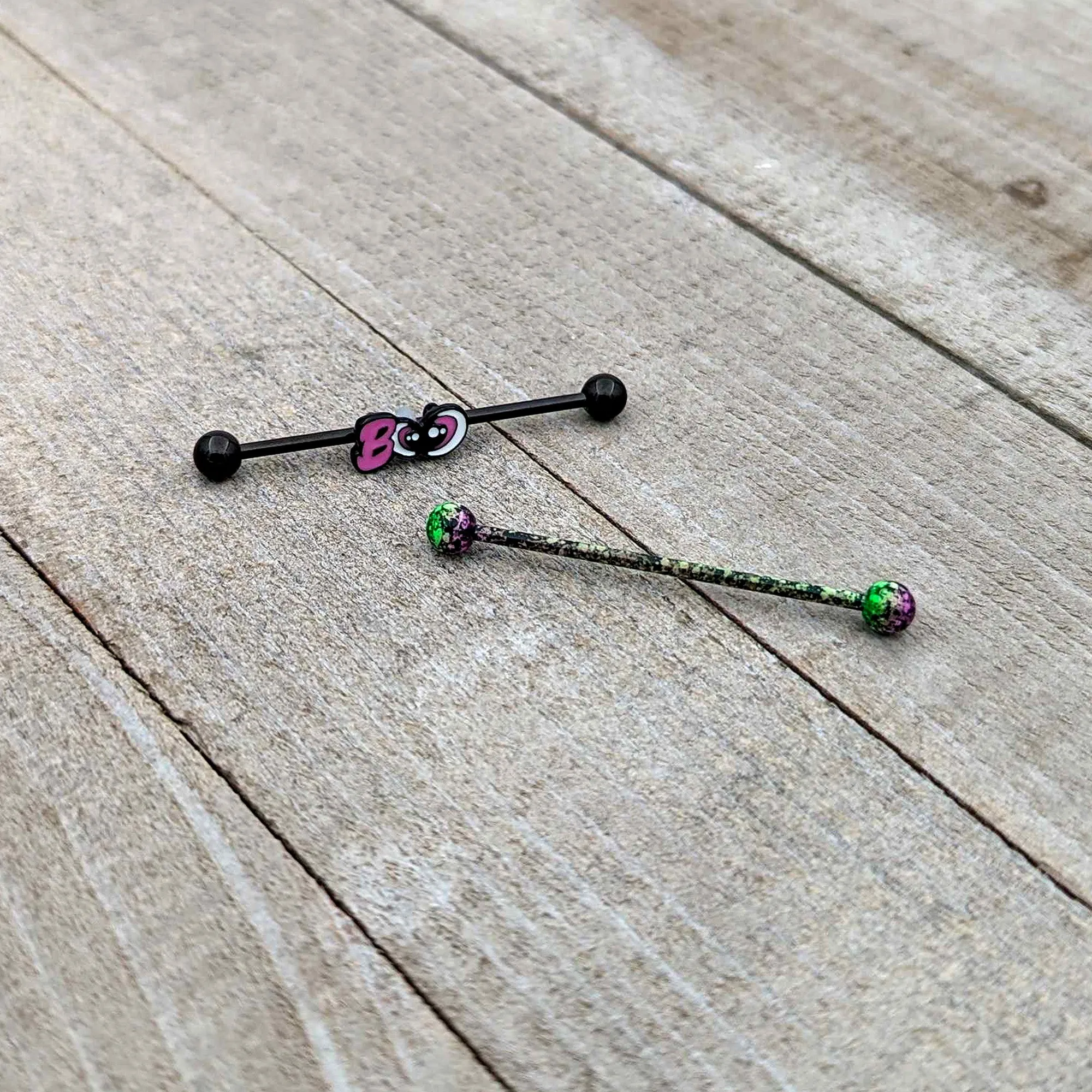 14 Gauge Black Halloween Pink Boo Green Industrial Barbell 38mm Set of 2