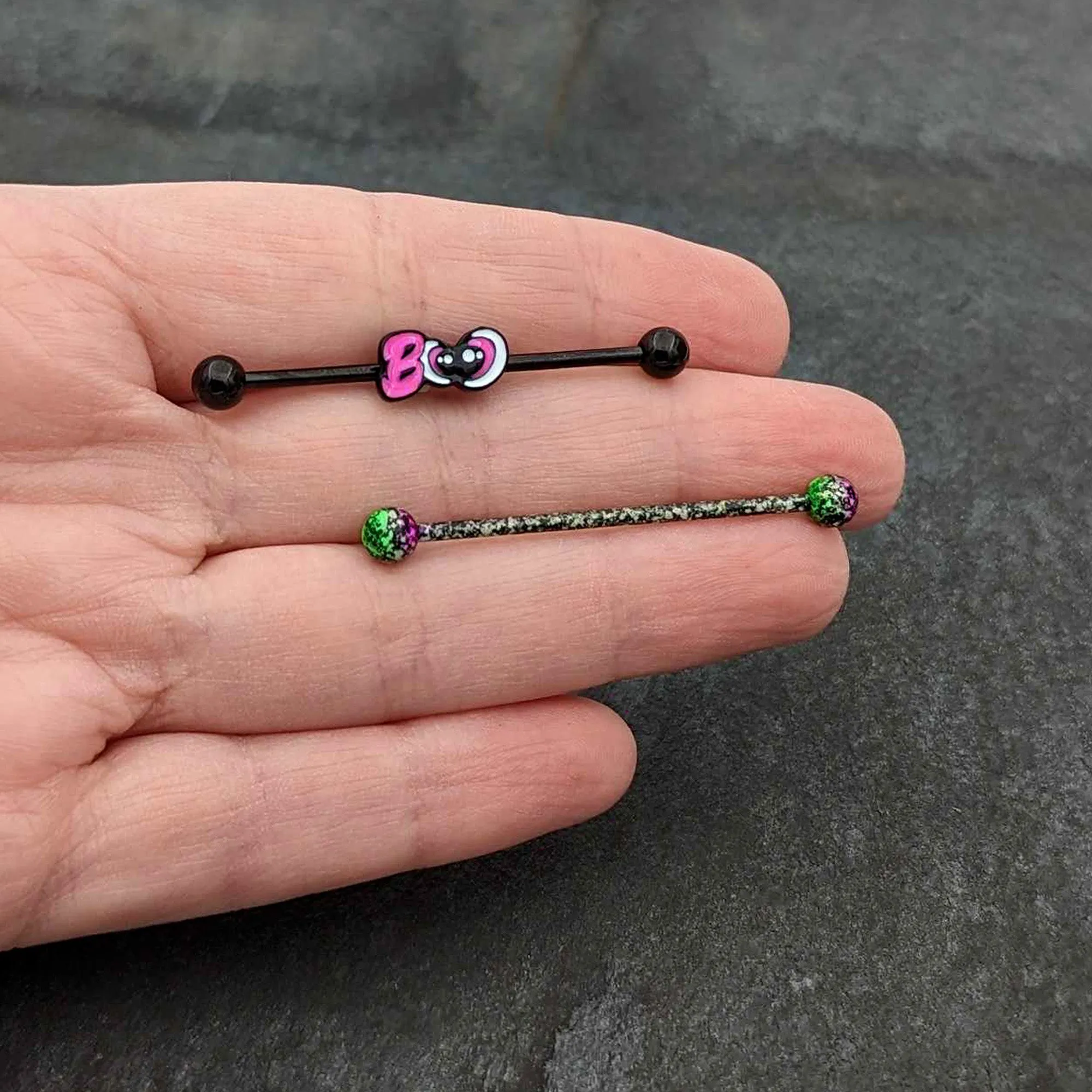 14 Gauge Black Halloween Pink Boo Green Industrial Barbell 38mm Set of 2