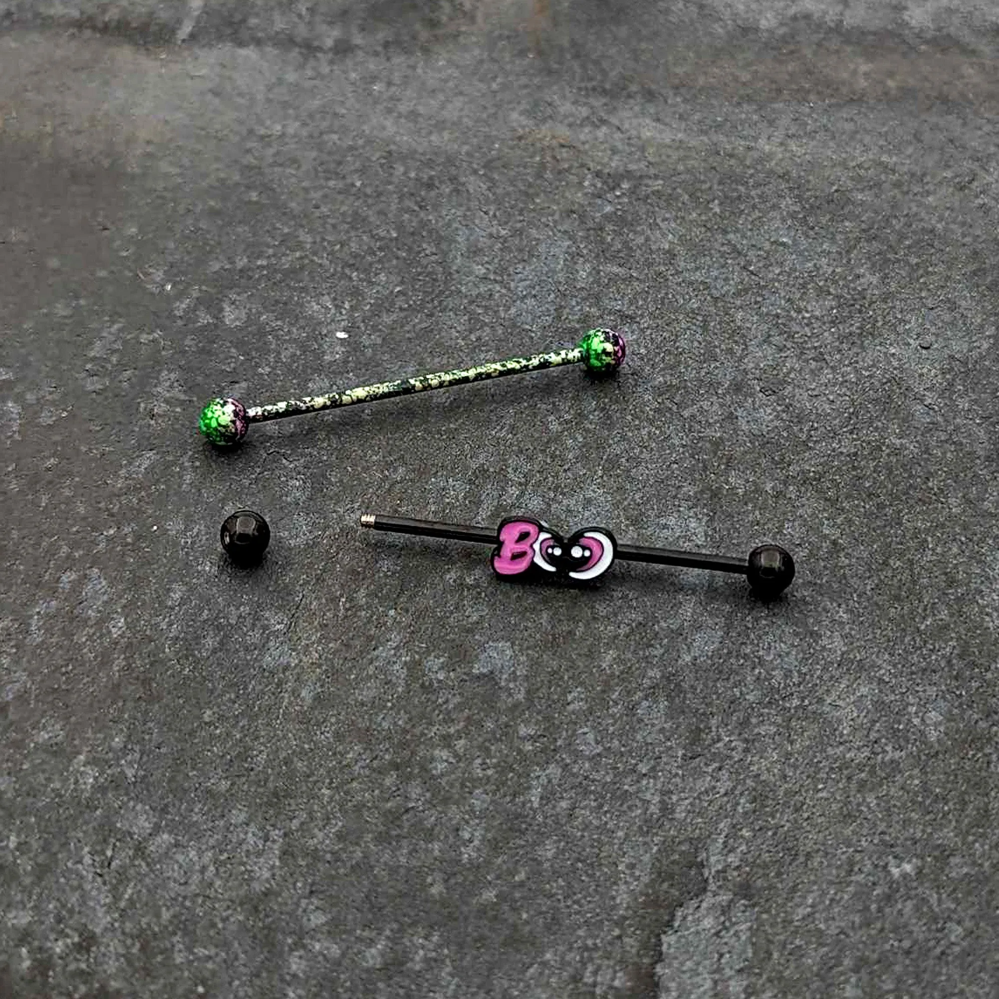 14 Gauge Black Halloween Pink Boo Green Industrial Barbell 38mm Set of 2