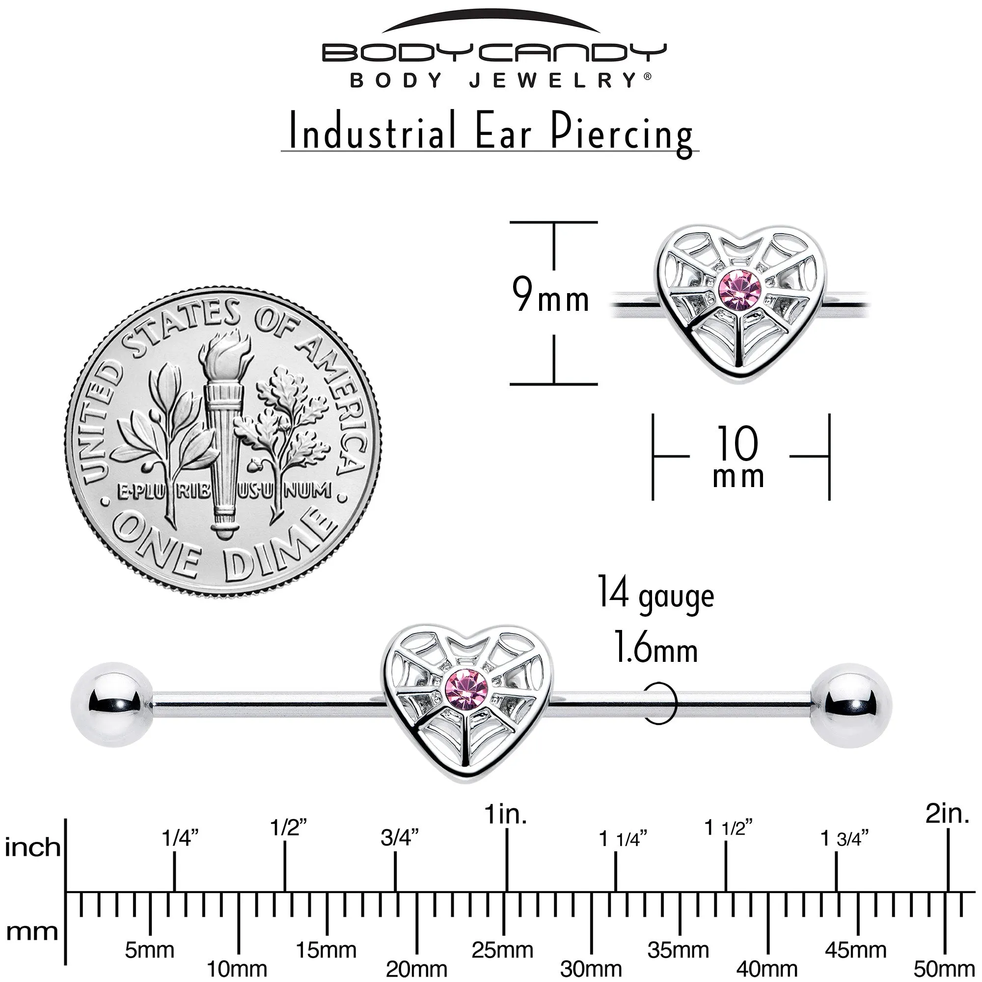 14 Gauge Pink Gem Spiderweb Heart Love Industrial Barbell 38mm