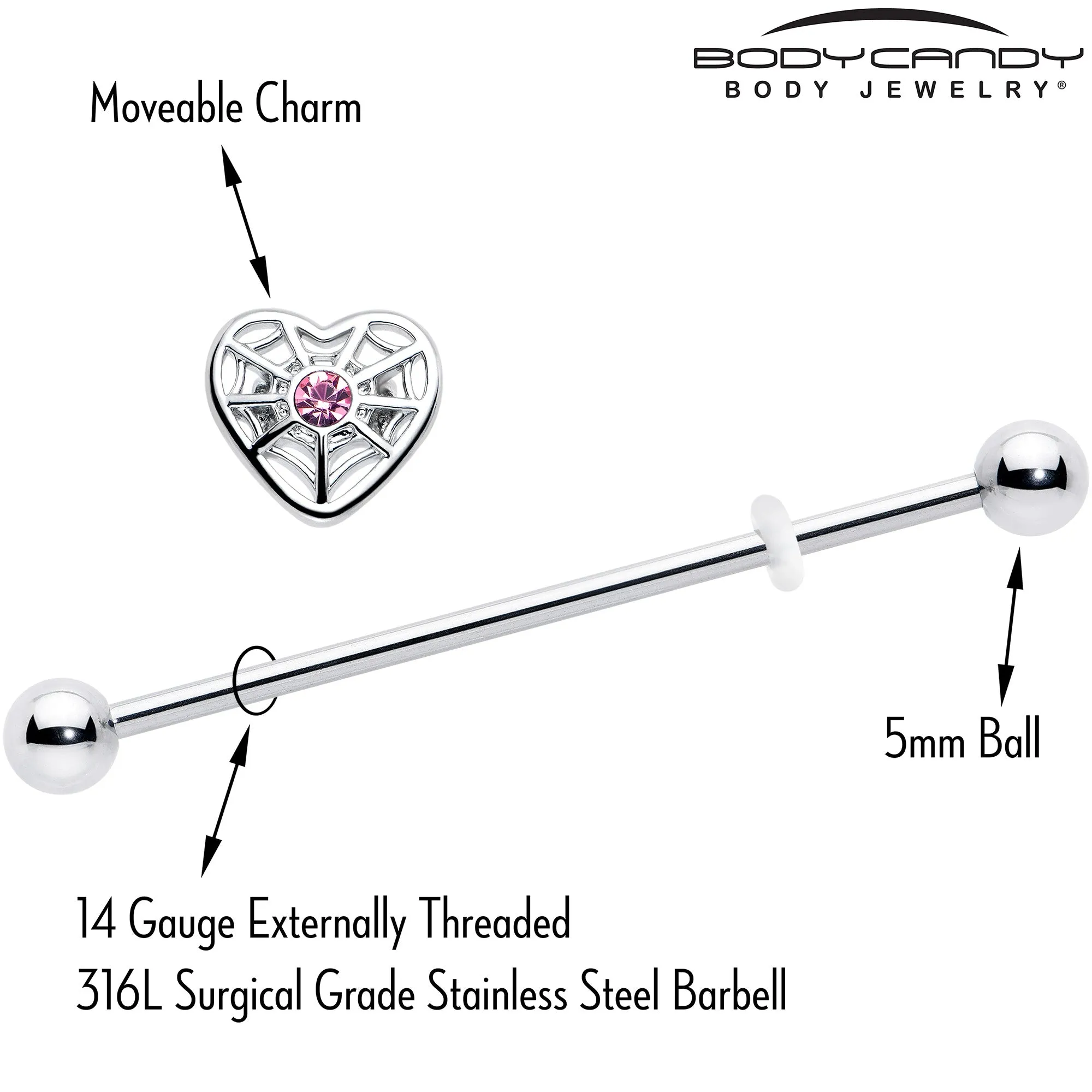 14 Gauge Pink Gem Spiderweb Heart Love Industrial Barbell 38mm