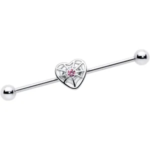 14 Gauge Pink Gem Spiderweb Heart Love Industrial Barbell 38mm