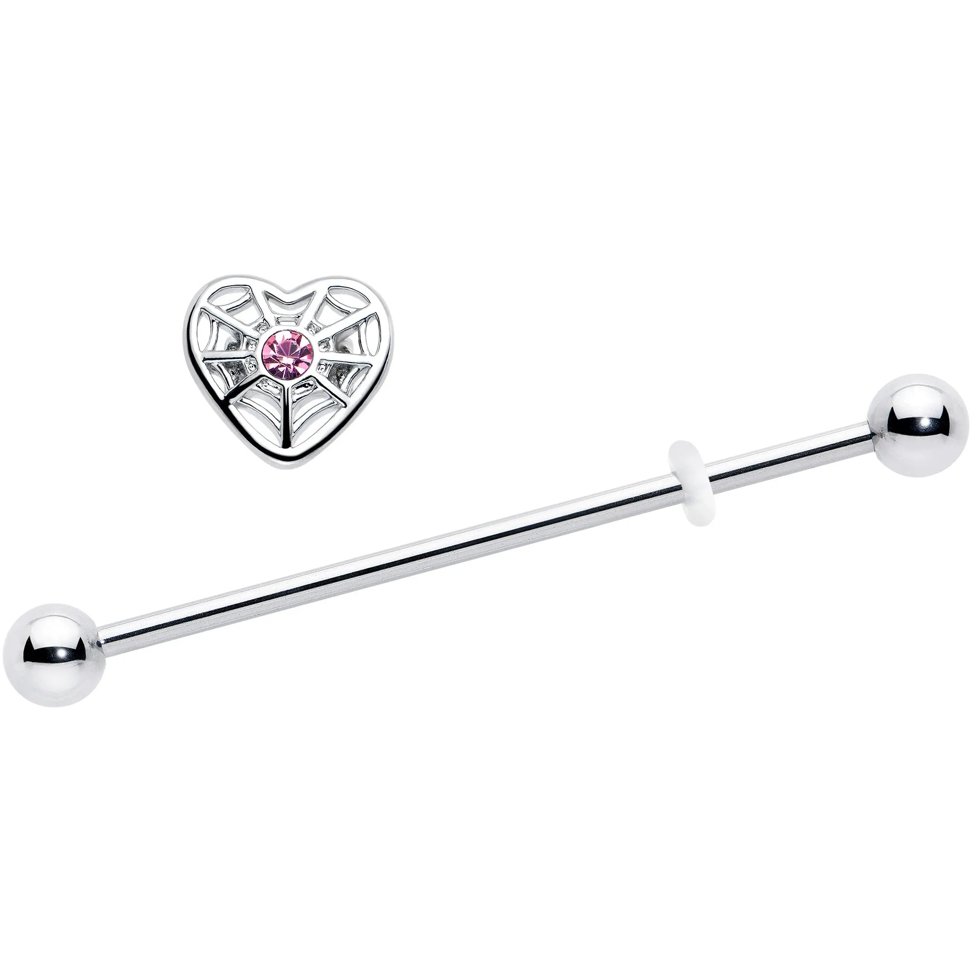 14 Gauge Pink Gem Spiderweb Heart Love Industrial Barbell 38mm