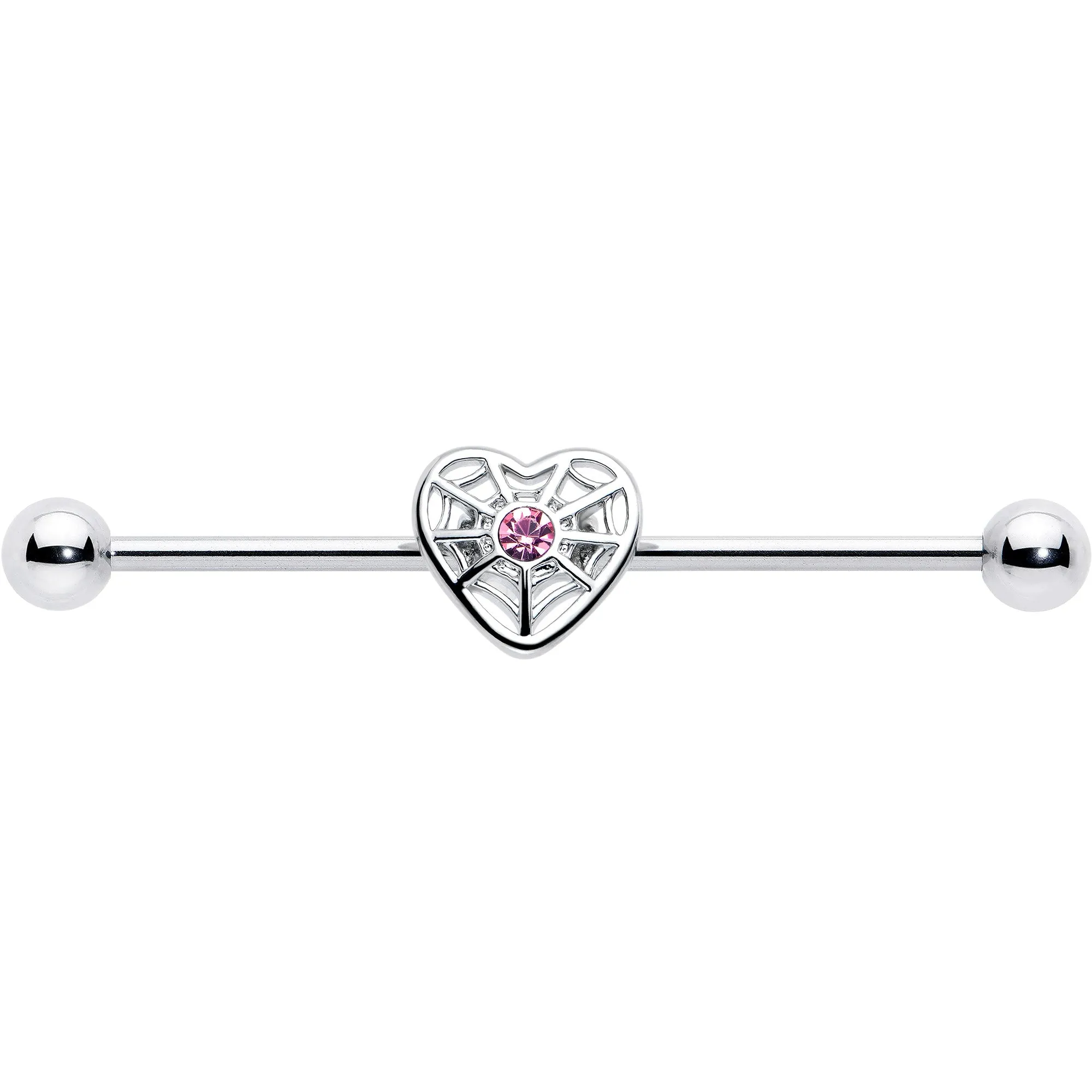 14 Gauge Pink Gem Spiderweb Heart Love Industrial Barbell 38mm