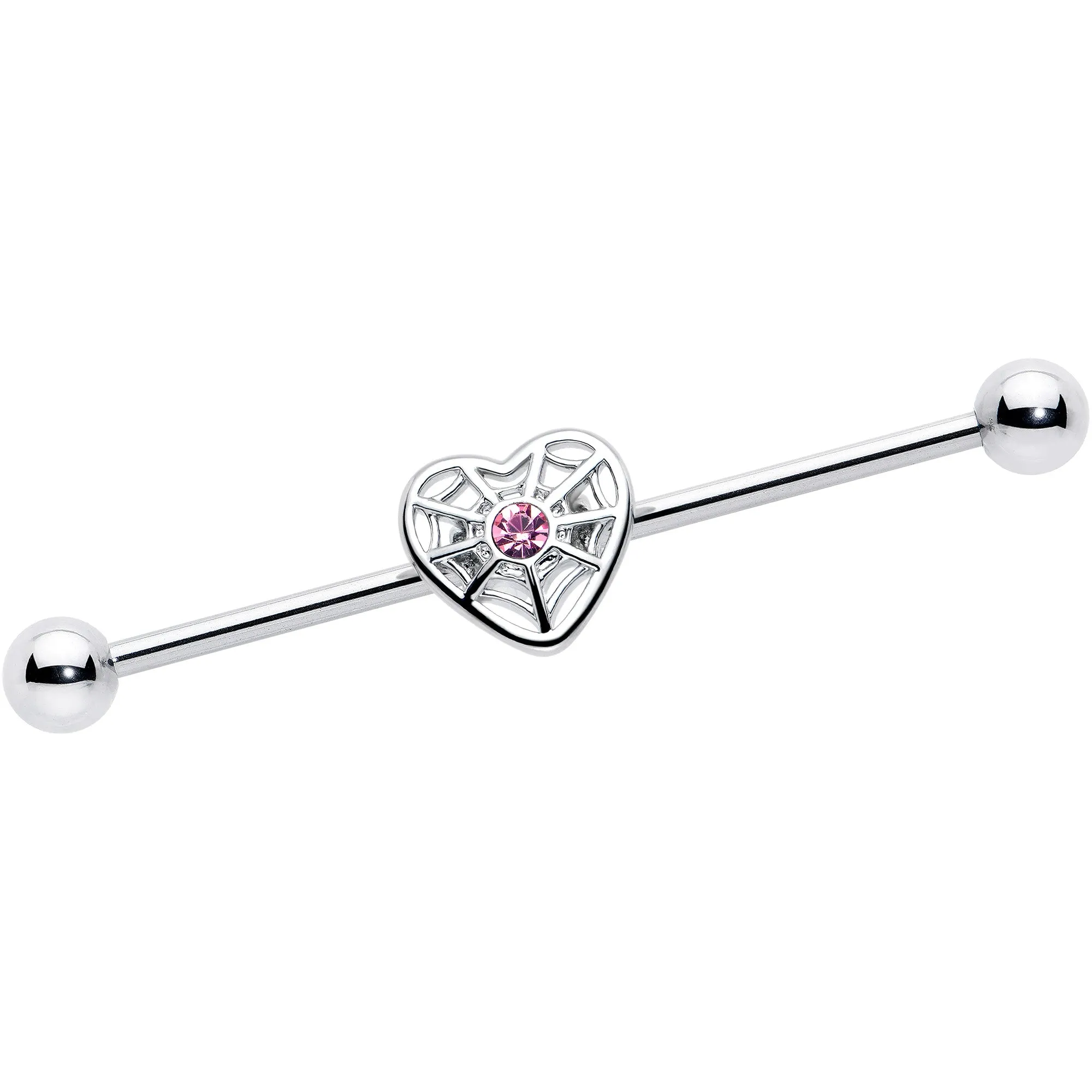 14 Gauge Pink Gem Spiderweb Heart Love Industrial Barbell 38mm