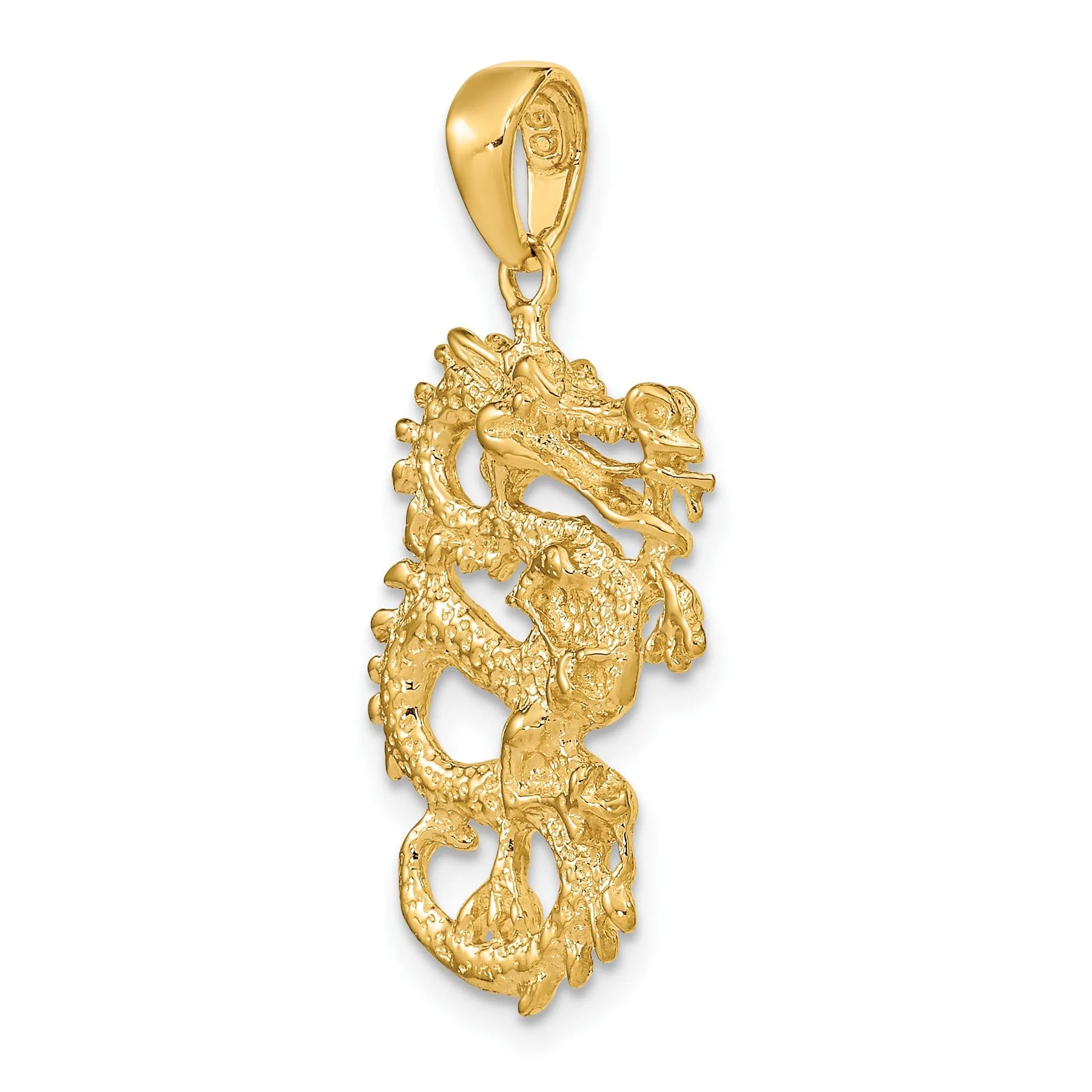14k Yellow Gold Solid Polished Textured Finish 3-Dimensional Dragon Design Charm Pendant