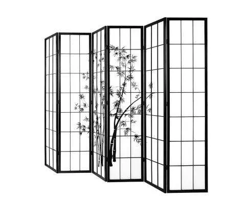 6 Panel Room Divider Screen Privacy Dividers Pine Wood Stand - Black