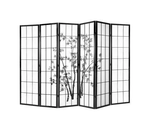 6 Panel Room Divider Screen Privacy Dividers Pine Wood Stand - Black