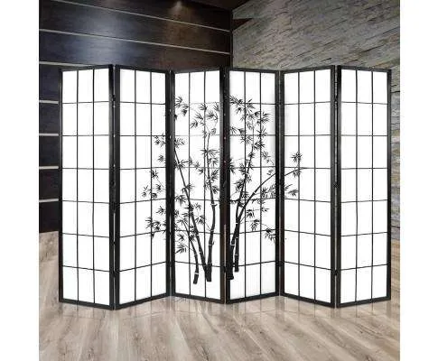6 Panel Room Divider Screen Privacy Dividers Pine Wood Stand - Black