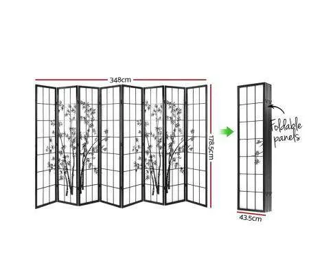 8 Panel Room Divider Screen Privacy Dividers Pine Wood Stand Shoji Bamboo - Black