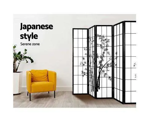 8 Panel Room Divider Screen Privacy Dividers Pine Wood Stand Shoji Bamboo - Black