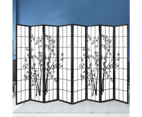 8 Panel Room Divider Screen Privacy Dividers Pine Wood Stand Shoji Bamboo - Black