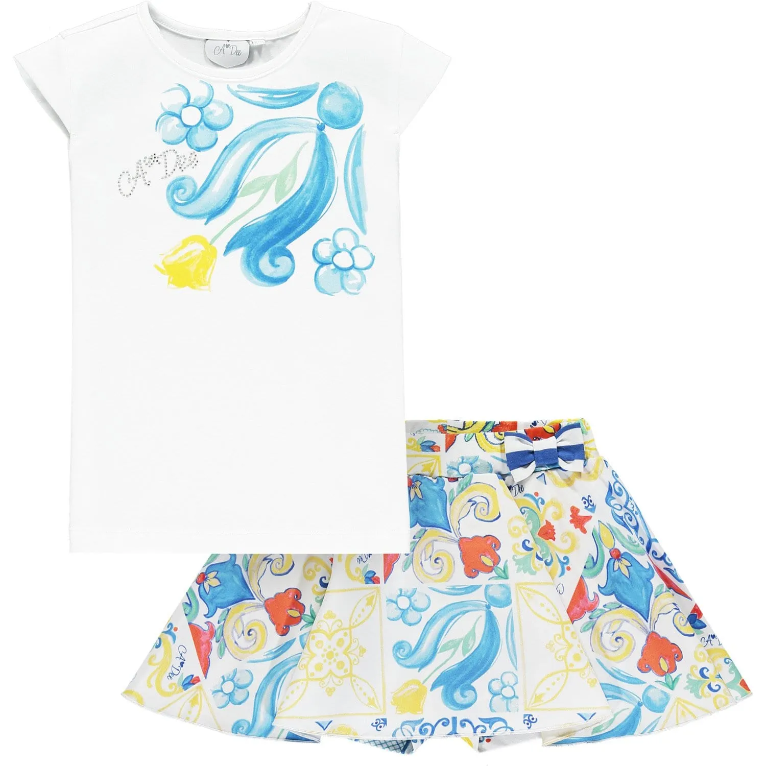 A DEE - Tile Print Two Piece Skirt Set - White/Blue