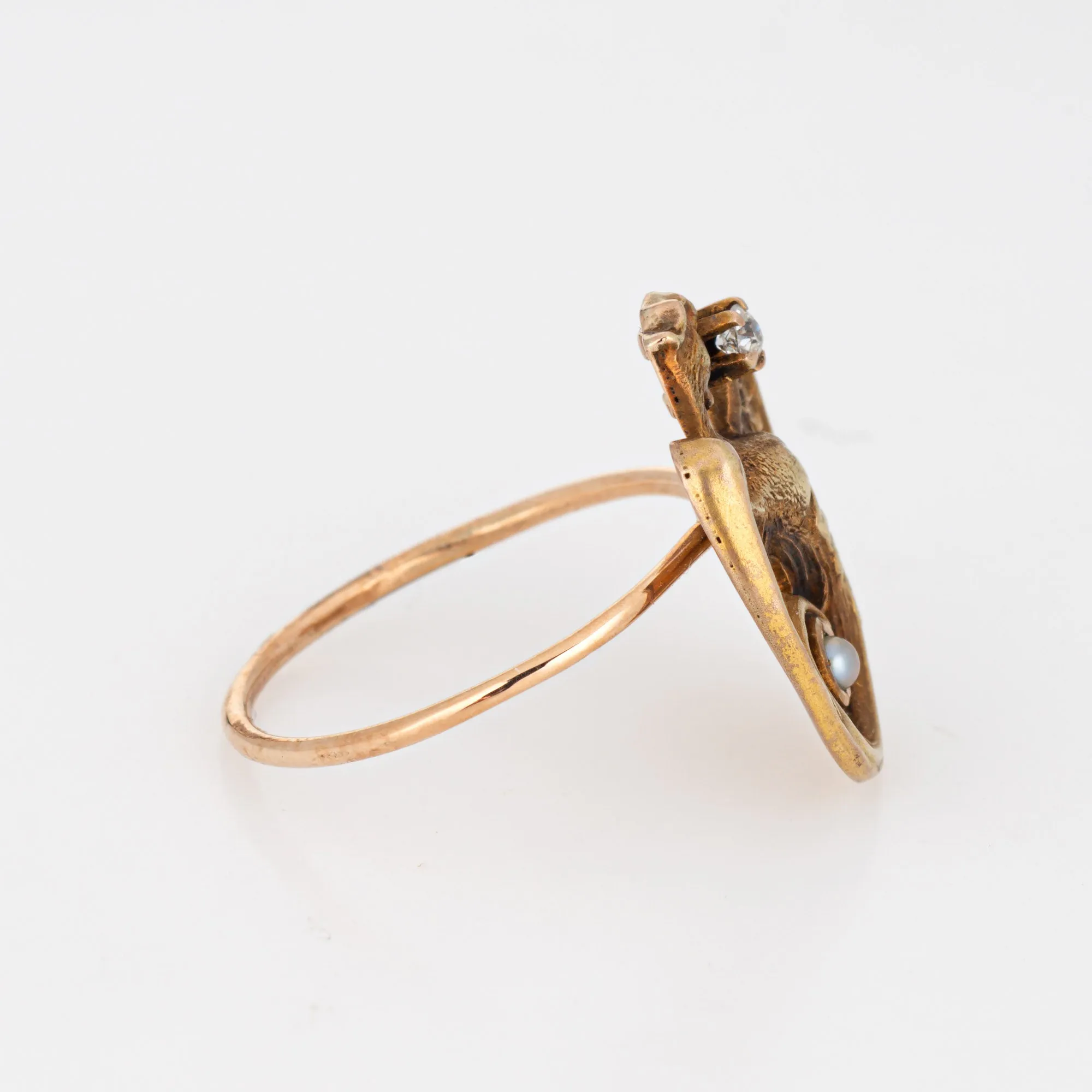 Antique Victorian Dragon Ring Conversion Griffin Diamond 14k Yellow Gold Sz 4