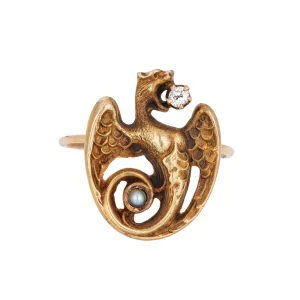 Antique Victorian Dragon Ring Conversion Griffin Diamond 14k Yellow Gold Sz 4