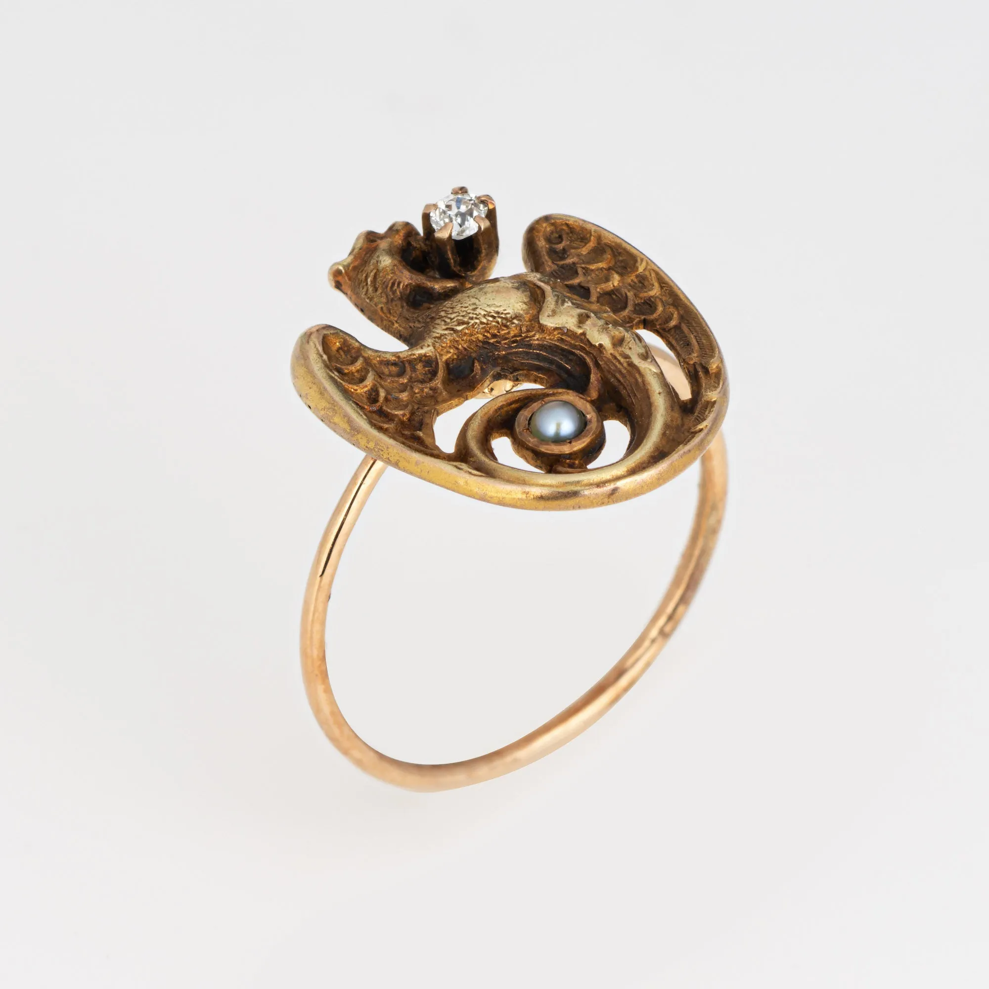 Antique Victorian Dragon Ring Conversion Griffin Diamond 14k Yellow Gold Sz 4