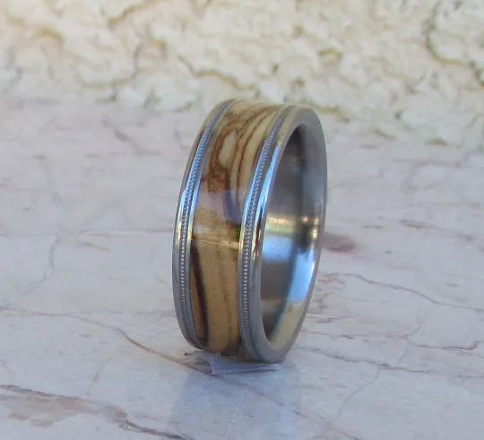 Bethlehem Olive Wood Titanium Ring Mens Engagement Wedding Bands Unisex Band Milgrain Design Size 4 5 6 7 8 9 10 11 12 13 14 15 16 17