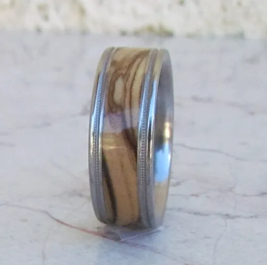 Bethlehem Olive Wood Titanium Ring Mens Engagement Wedding Bands Unisex Band Milgrain Design Size 4 5 6 7 8 9 10 11 12 13 14 15 16 17