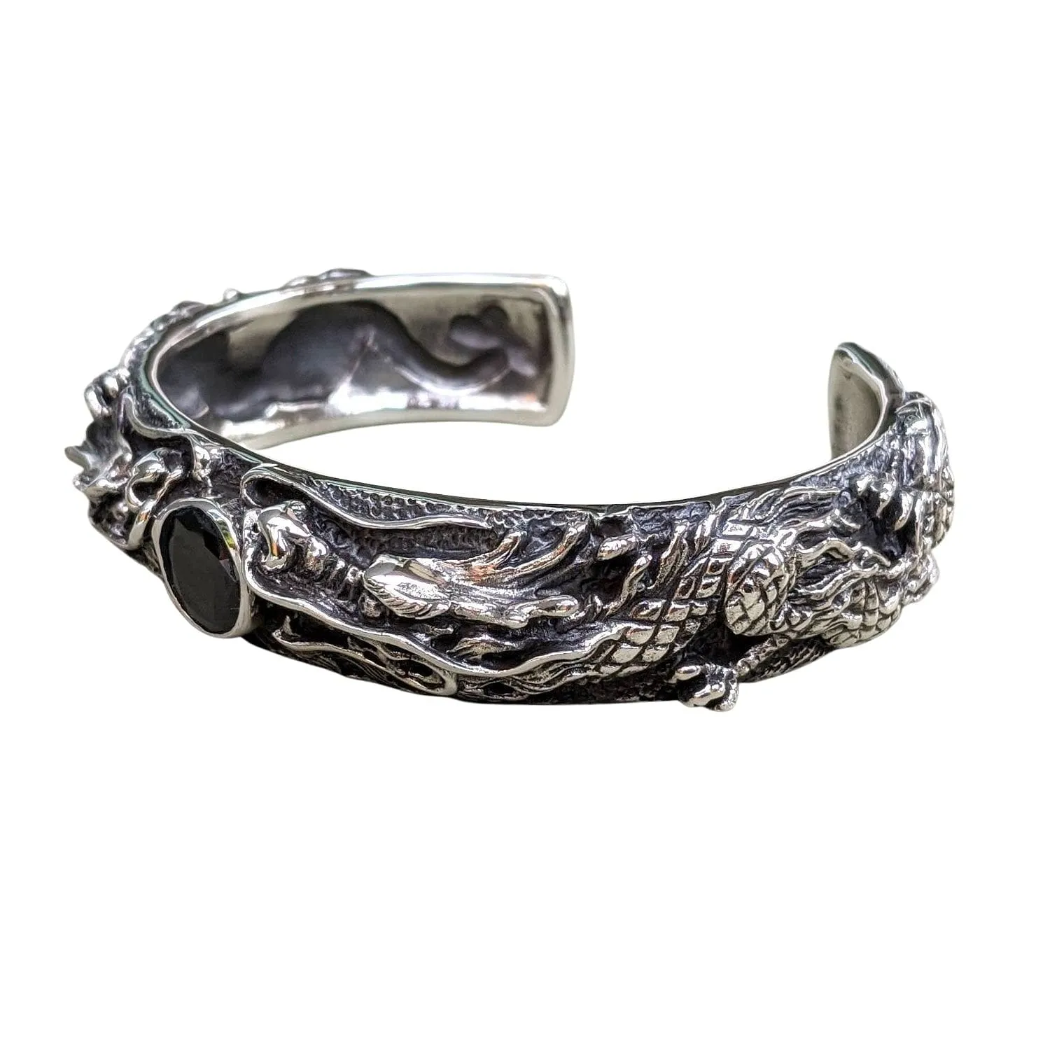 Black Onyx Sterling Silver Dragon Men's Cuff Bracelet