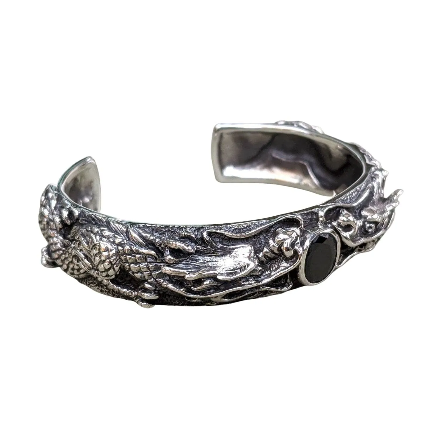 Black Onyx Sterling Silver Dragon Men's Cuff Bracelet