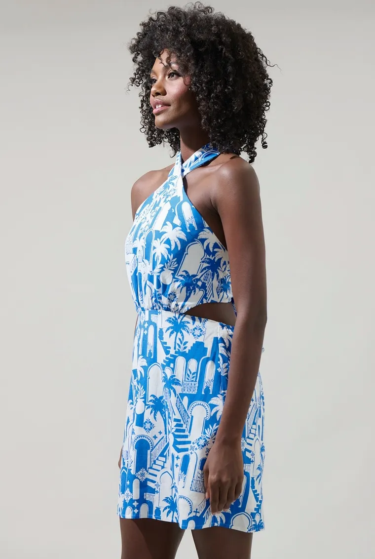 Blue & White Halter Mini Dress