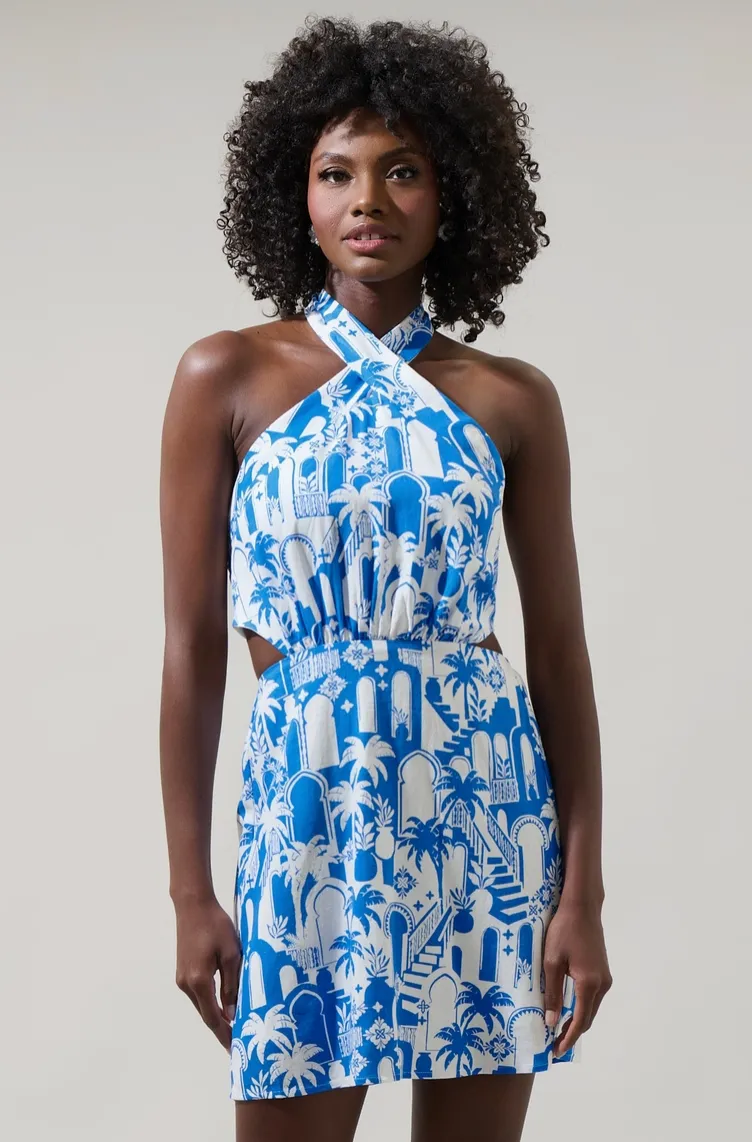 Blue & White Halter Mini Dress