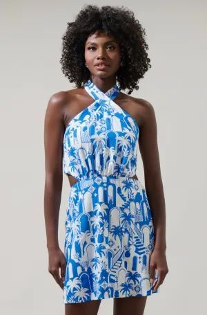 Blue & White Halter Mini Dress