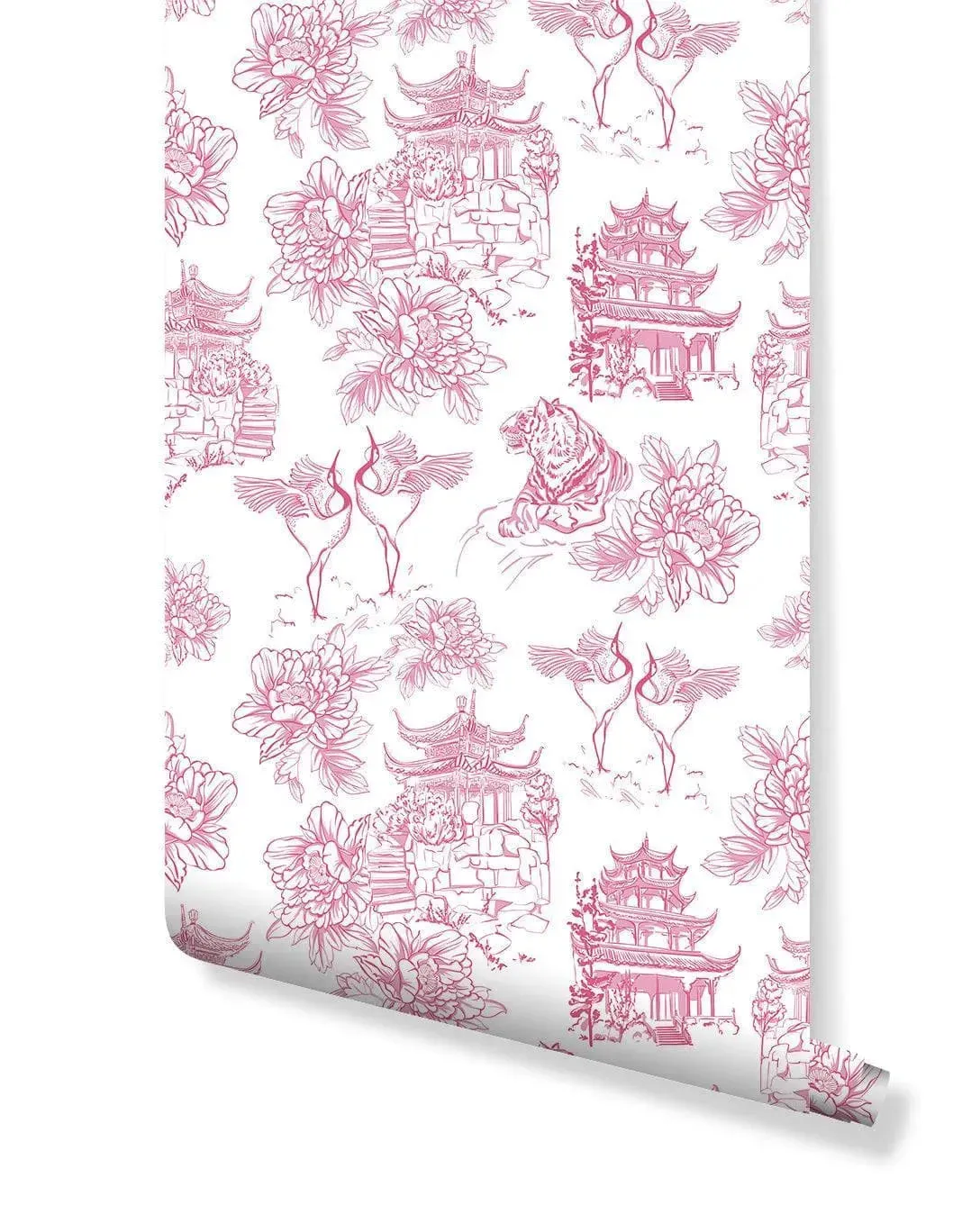 Blue and White Chinoiserie Tiger Pagoda Wallpaper