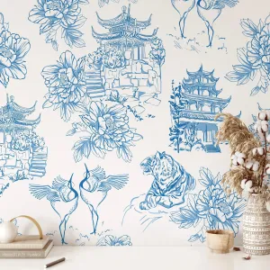 Blue and White Chinoiserie Tiger Pagoda Wallpaper