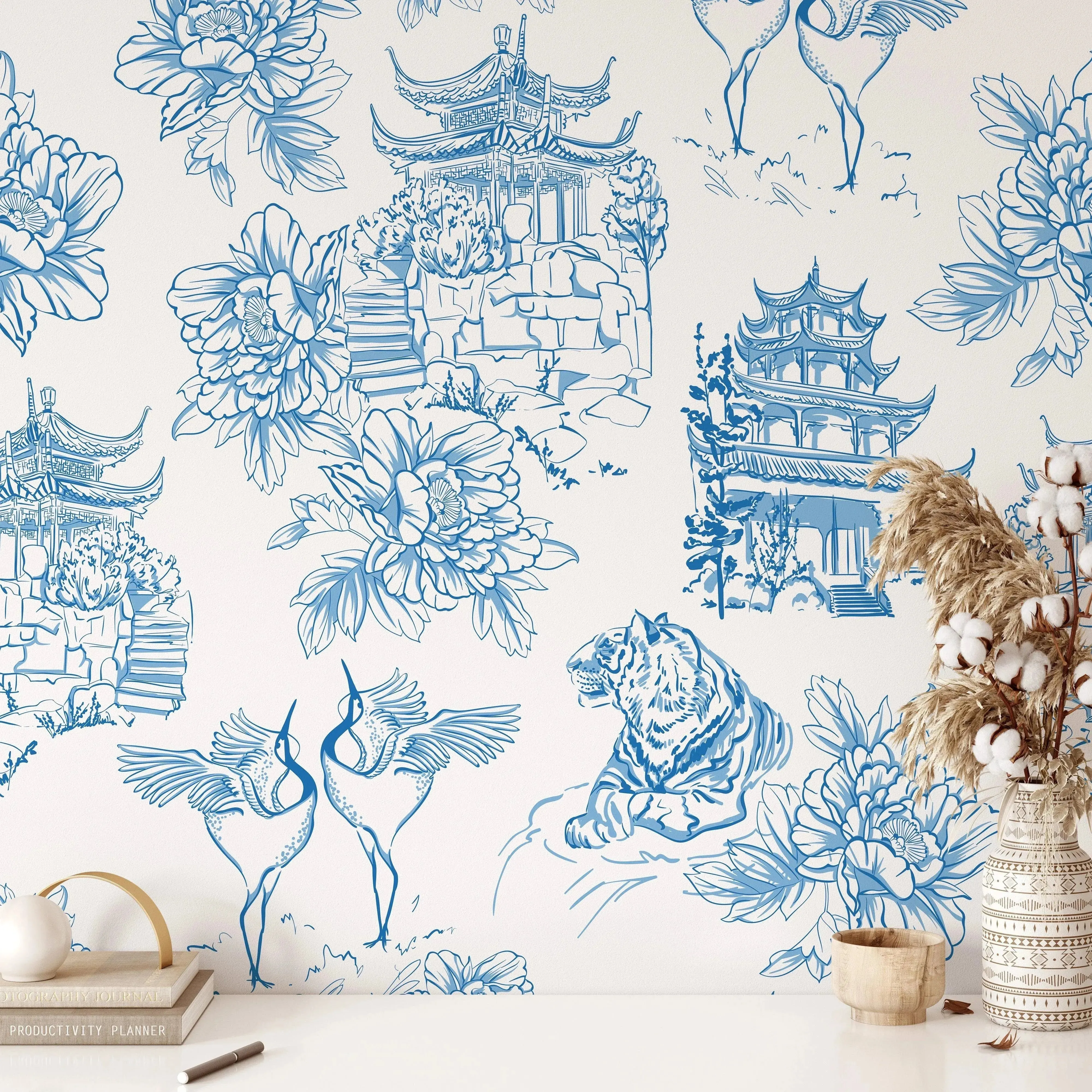Blue and White Chinoiserie Tiger Pagoda Wallpaper