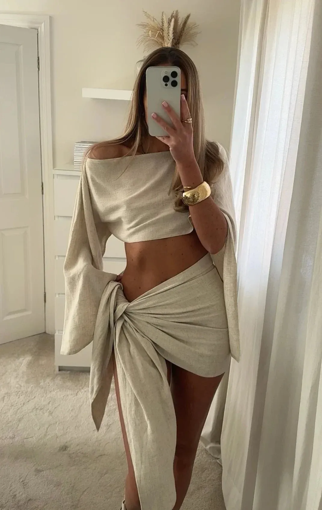 Chic Desert Wrap Skirt and Draped Crop Top Pagoda Sleeve 2-Piece Set
