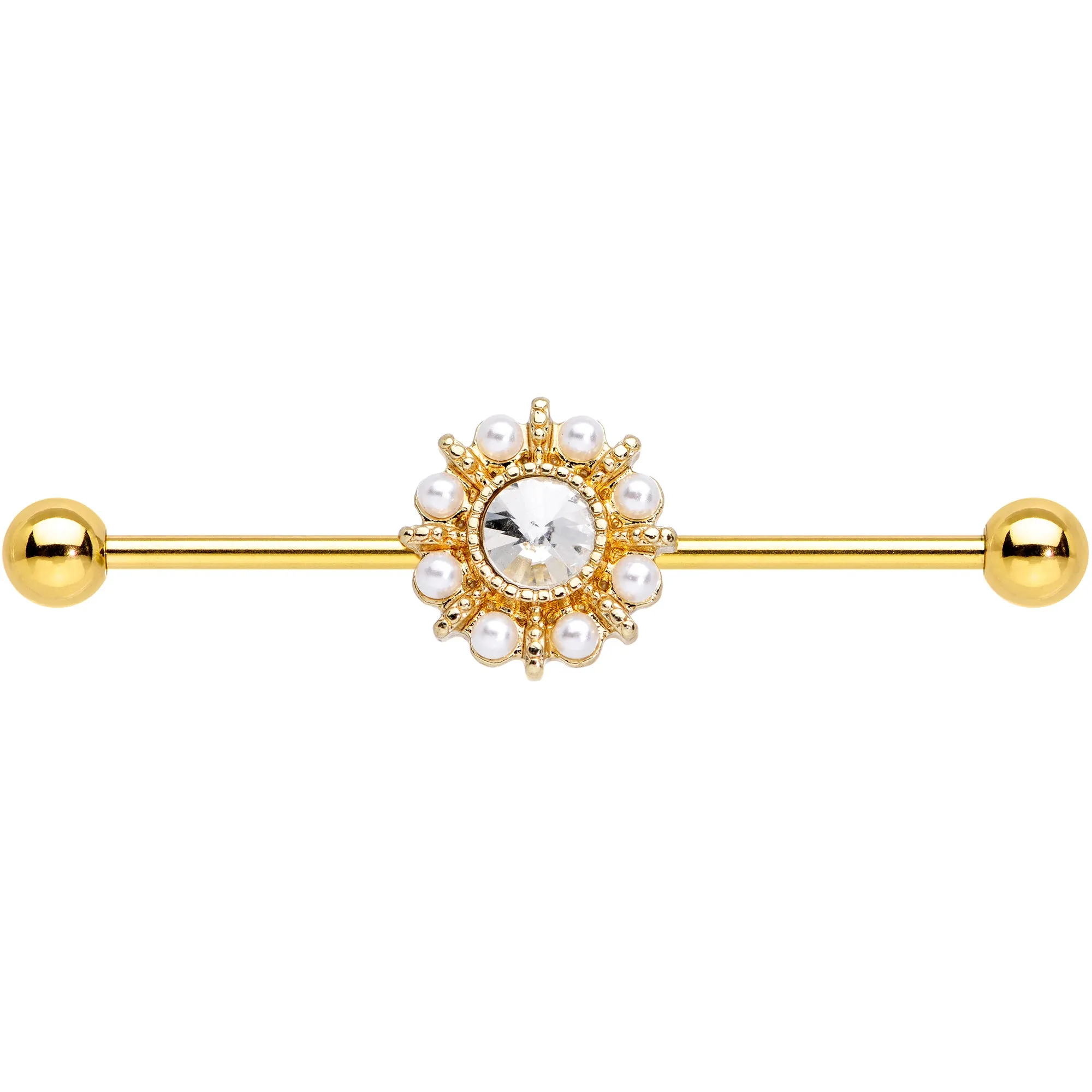 Clear Gem White Orb Gold PVD Sun Wheel Industrial Barbell 38mm