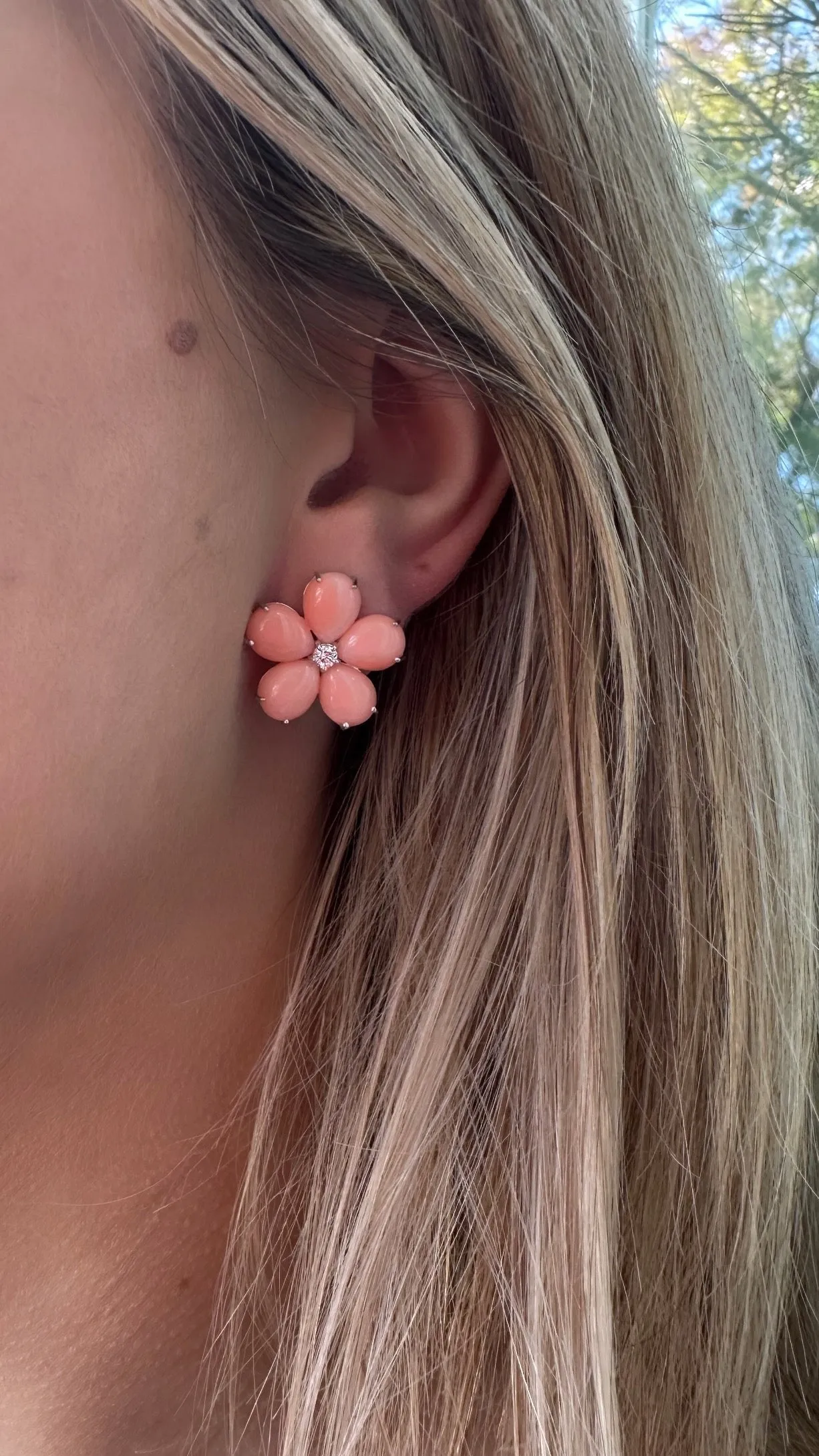 Fiori - Button Earrings with Natural Mediterranean Pink Corals and Diamonds, 18k White Gold