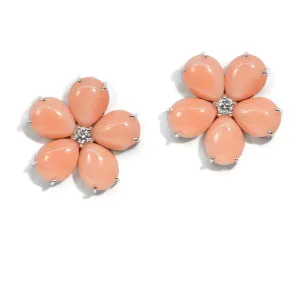 Fiori - Button Earrings with Natural Mediterranean Pink Corals and Diamonds, 18k White Gold