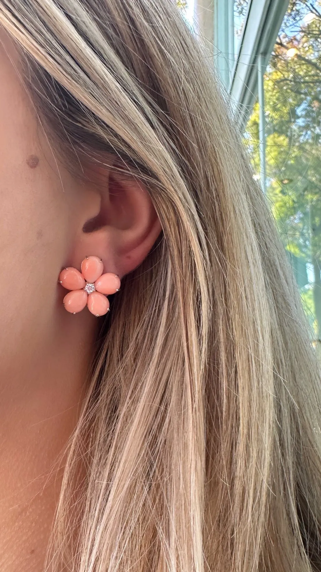 Fiori - Button Earrings with Natural Mediterranean Pink Corals and Diamonds, 18k White Gold