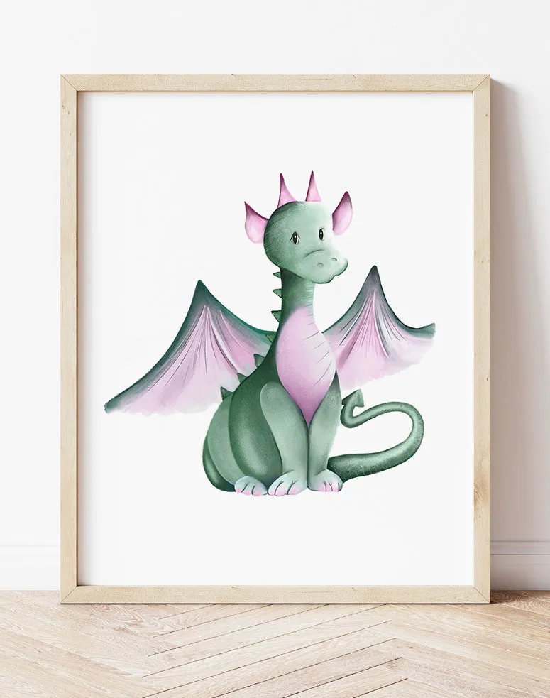 Green and Pink Dragon Nursery Art Print