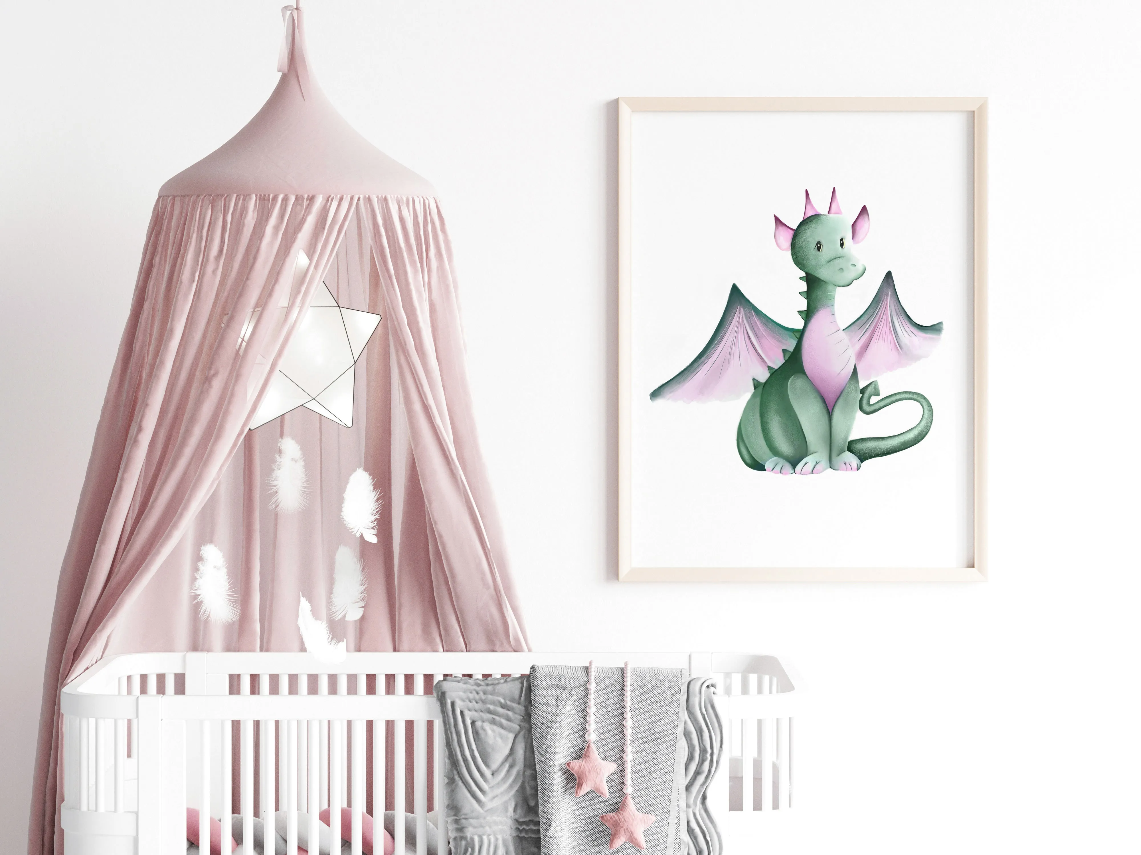 Green and Pink Dragon Nursery Art Print