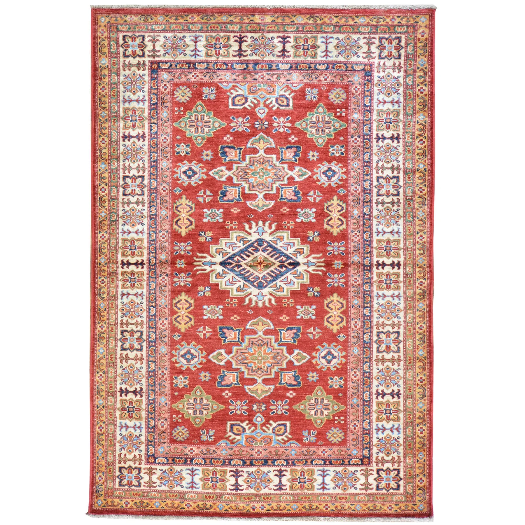 Hand-Knotted Fine Oriental Super Kazak Design Wool Rug (Size 4.0 X 6.0) Cwral-7239