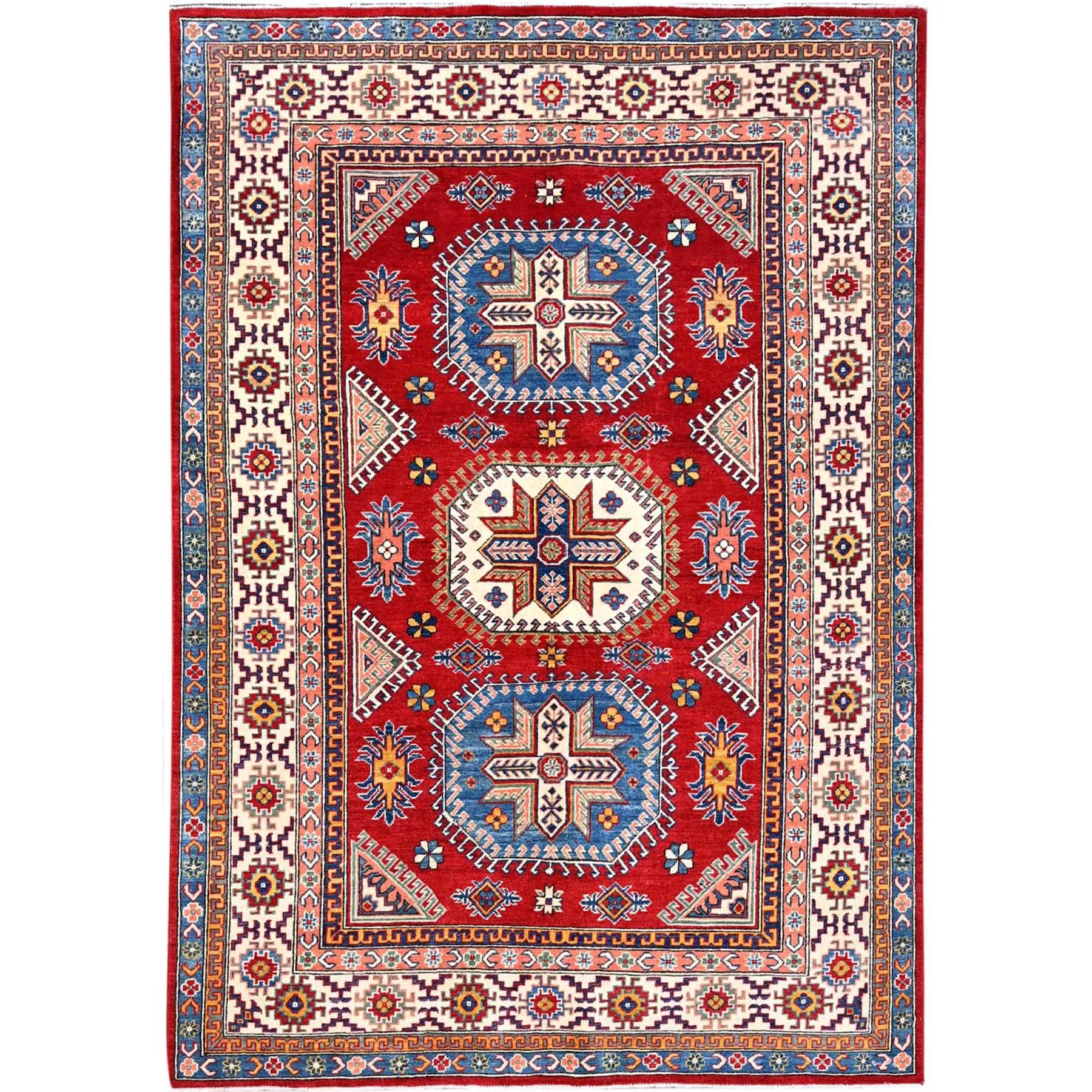 Hand-Knotted Geometric Kazak Design Wool Rug (Size 5.11 X 8.4) Cwral-11073