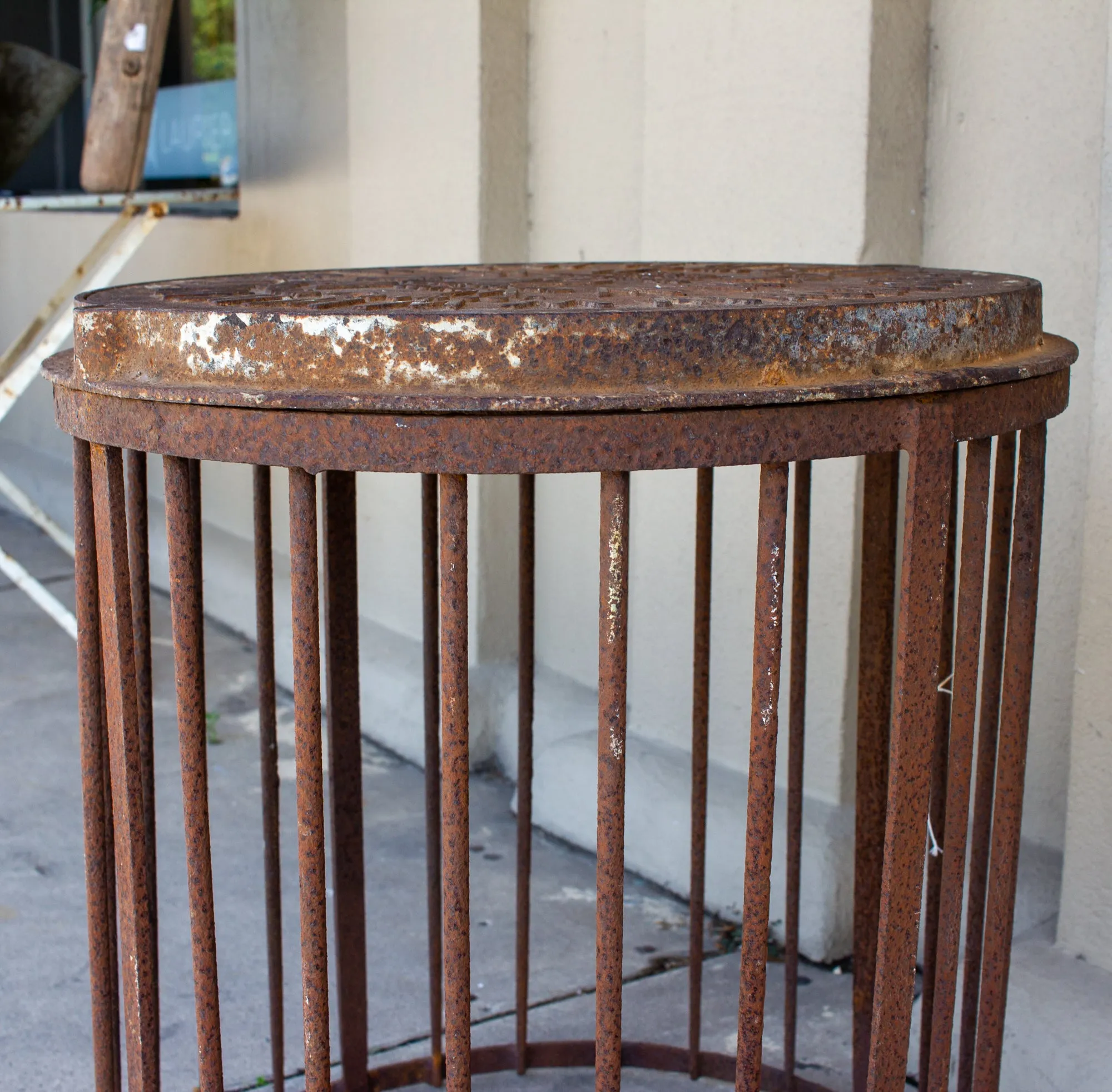 Industrial Antique British Iron Manhole Cover and Drain Side Table
