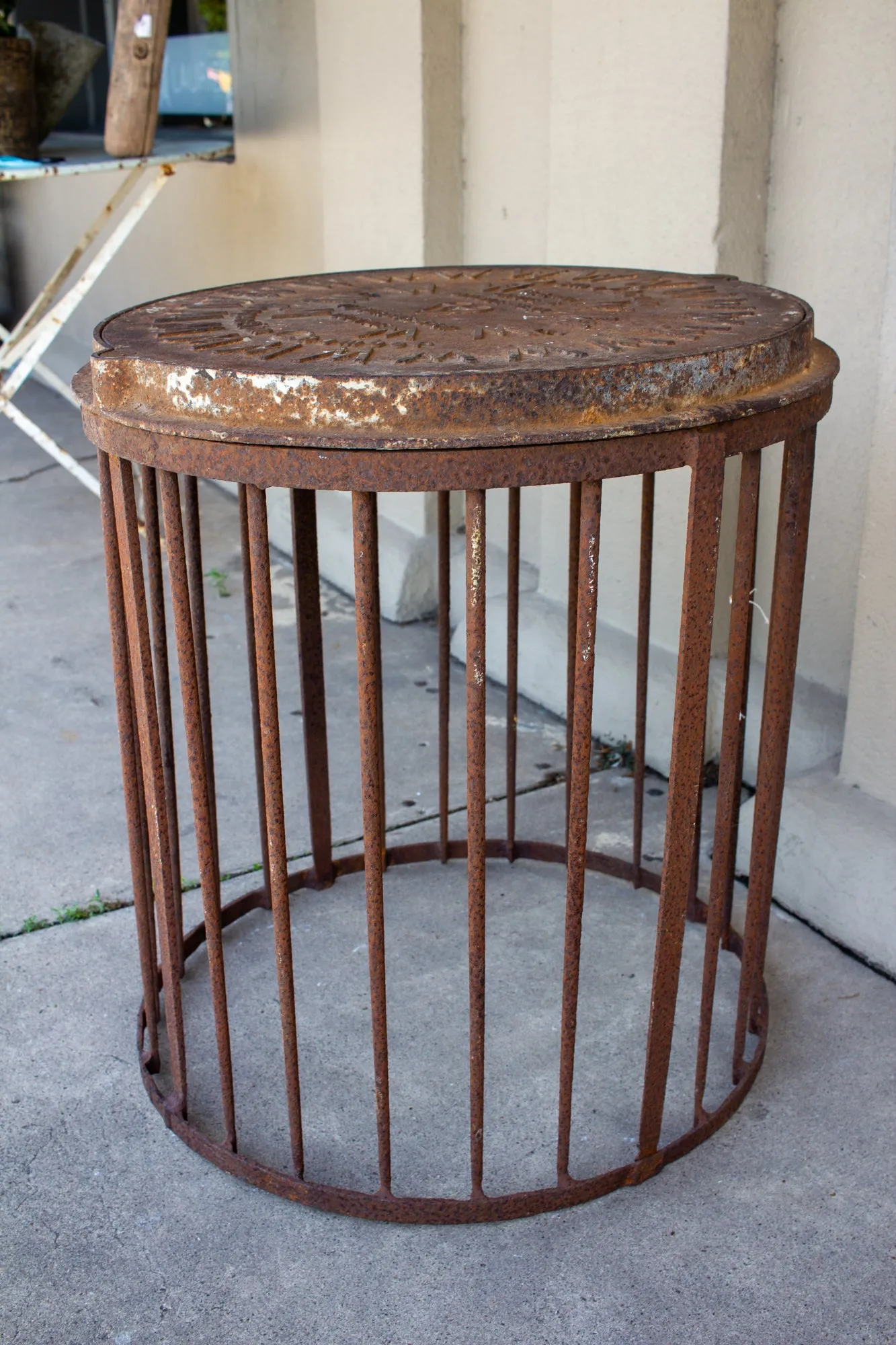 Industrial Antique British Iron Manhole Cover and Drain Side Table