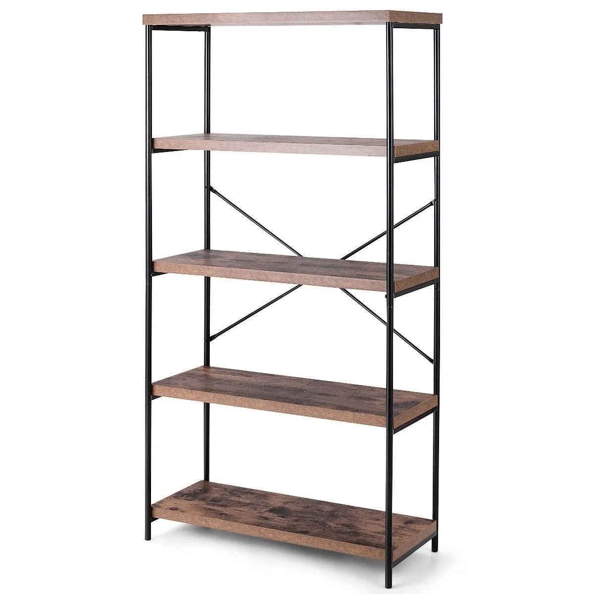 Industrial Metal Wood 5-Tier Bookcase Storage Rack Book Shelf