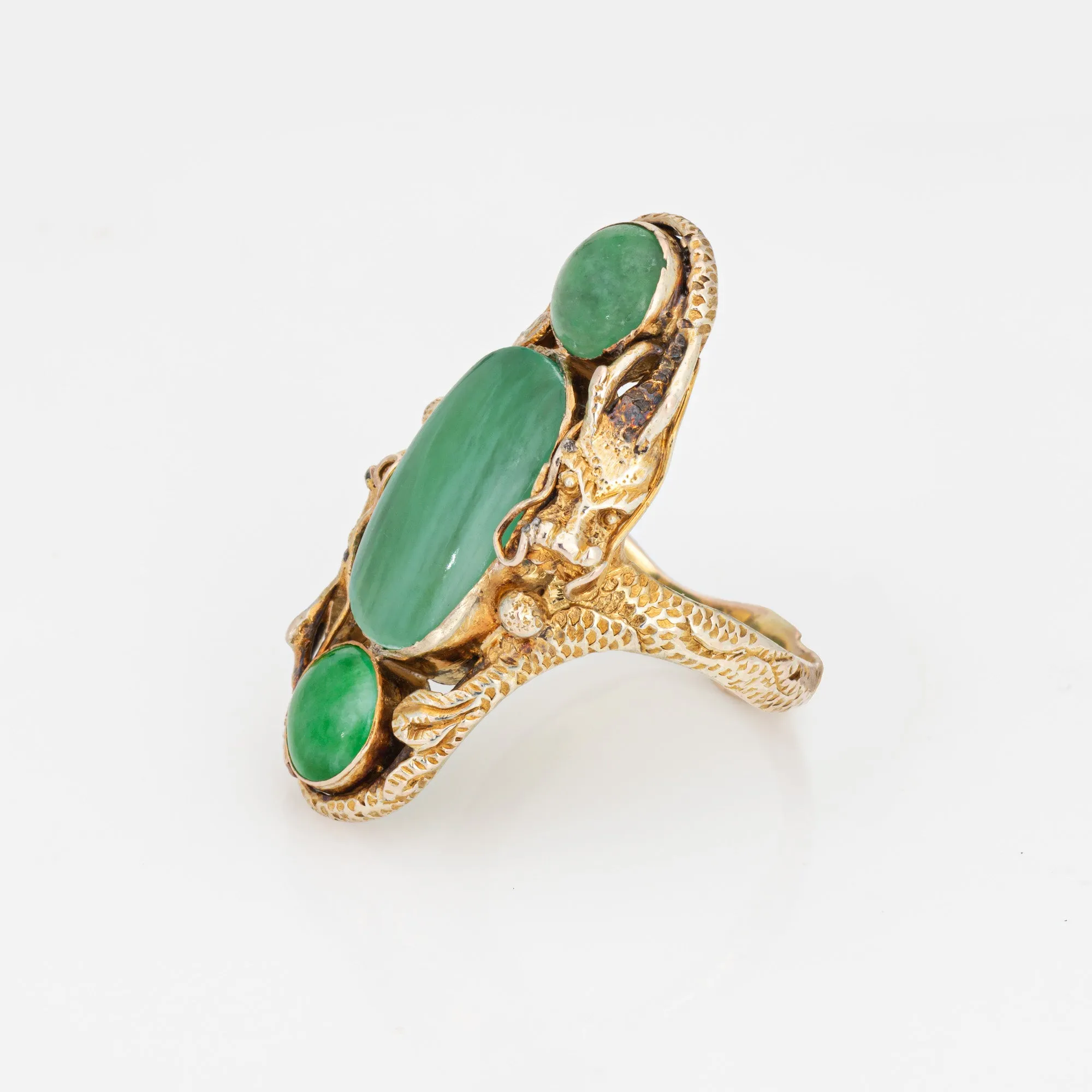 Jade Dragon Ring Vintage 10k Yellow Gold Long Cocktail Band Sz 7.5 Fine Jewelry