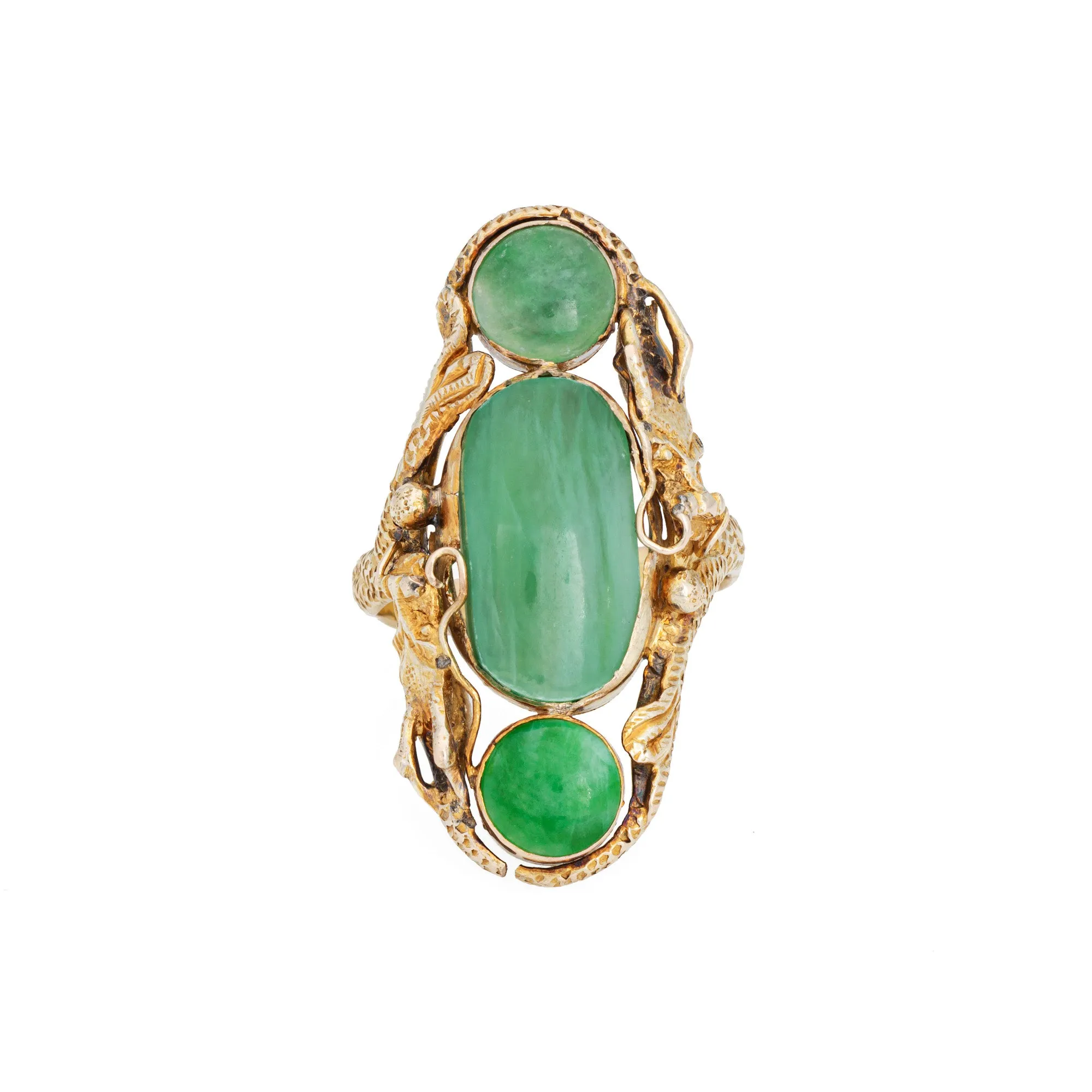 Jade Dragon Ring Vintage 10k Yellow Gold Long Cocktail Band Sz 7.5 Fine Jewelry