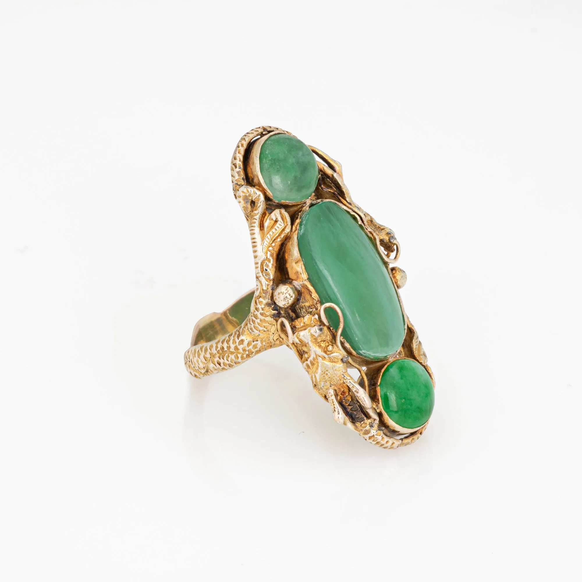 Jade Dragon Ring Vintage 10k Yellow Gold Long Cocktail Band Sz 7.5 Fine Jewelry
