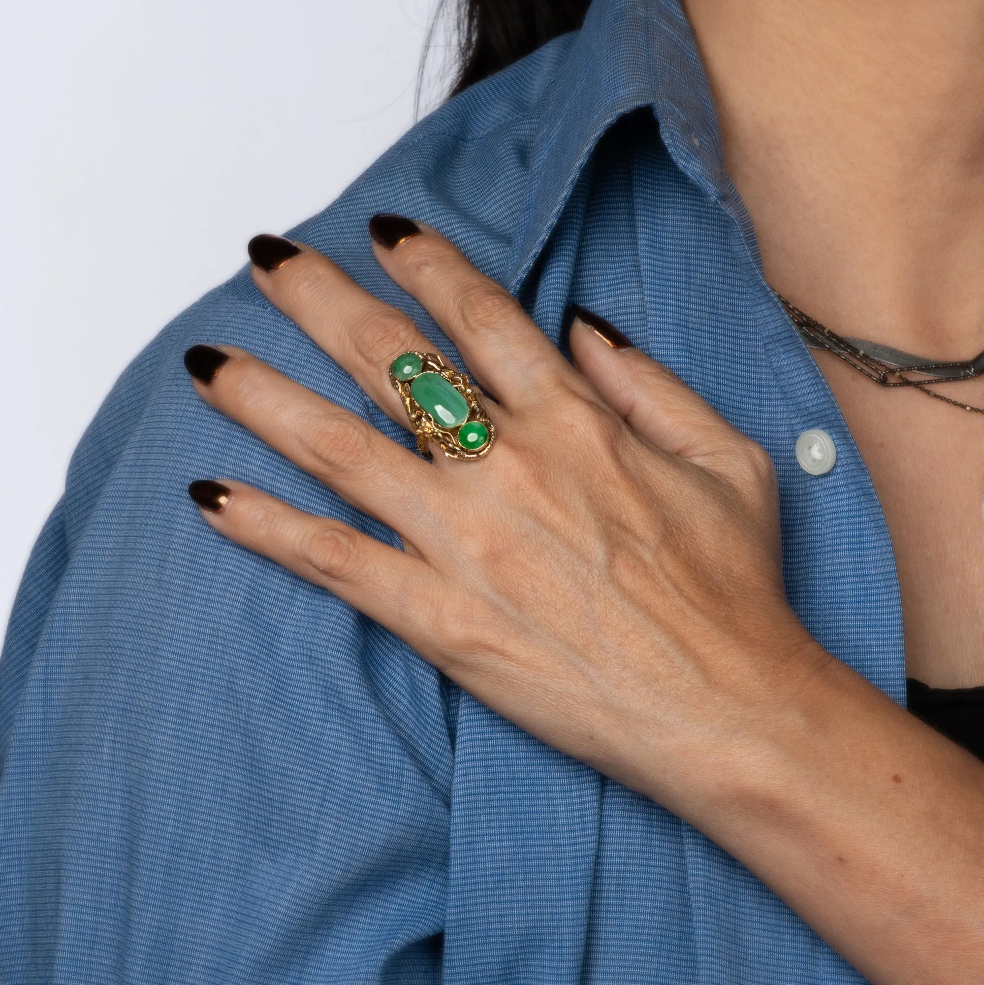 Jade Dragon Ring Vintage 10k Yellow Gold Long Cocktail Band Sz 7.5 Fine Jewelry