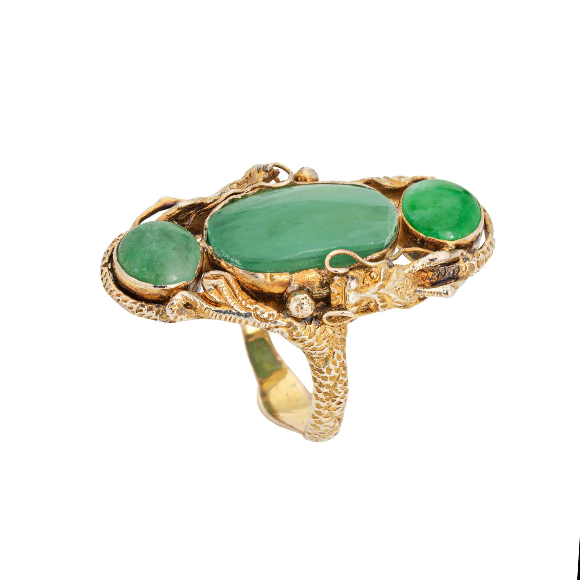Jade Dragon Ring Vintage 10k Yellow Gold Long Cocktail Band Sz 7.5 Fine Jewelry